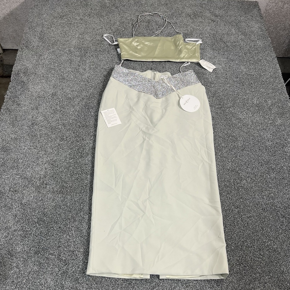 Miss Circle Women 2 Piece Satin Crop Top Maxi Skirt Rhinestone Set Green M NWT